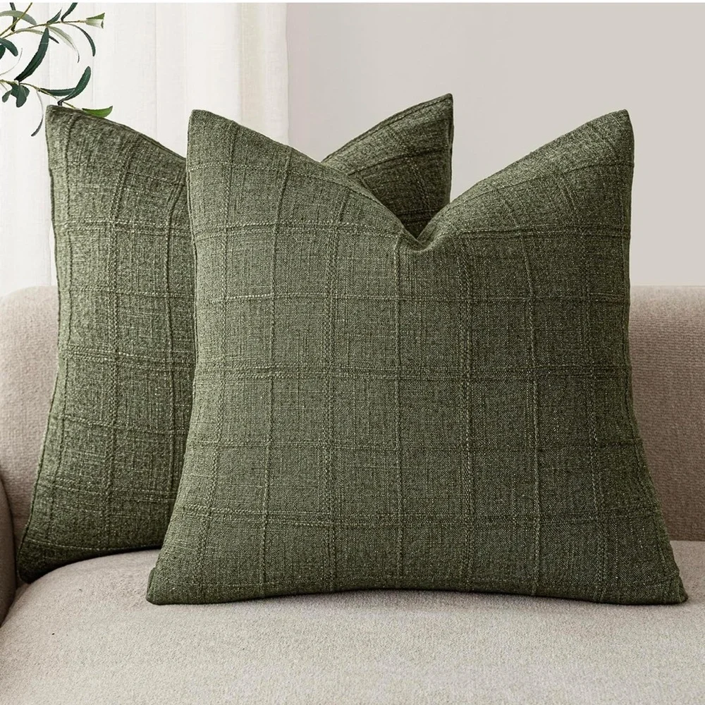 Foindtower Set of 2 Decorative Linen Check Throw Pillow Covers new